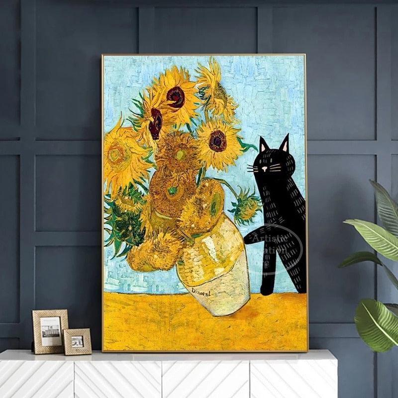 Black Cat Knocking Van Gogh Type Sunflower Funny Poster Artwork | Canvas Painting & Print for Modern Wall Art Home Decor